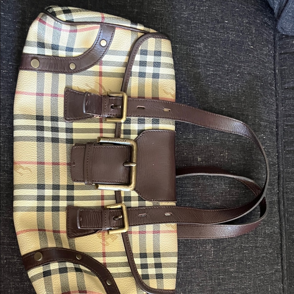 BURBERRY---Beige Plaid Messenger Bag with Dark Brown Leather Trim